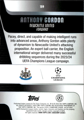 Anthony Gordon Base Topps Chrome UEFA Club Competitions 159 NM1