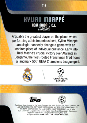 Kylian Mbappé Base Topps Chrome UEFA Club Competitions 112 NM1
