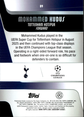 Mohammed Kudus Base Topps Chrome UEFA Club Competitions 89 NM1