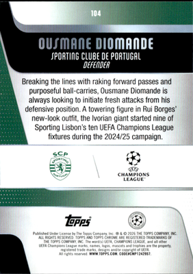 Ousmane Diomande Base Topps Chrome UEFA Club Competitions 104 NM1