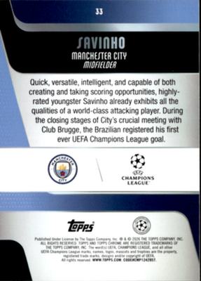 Savinho Raywave Refractor Topps Chrome UEFA Club Competitions 33 NM1
