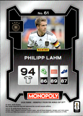 Philipp Lahm Base Panini Prizm Monopoly FIFA World Cup 61 NM1