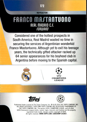 Franco Mastantuono Topps Chrome UEFA Club Competitions 172 NM (RC Refractor)1