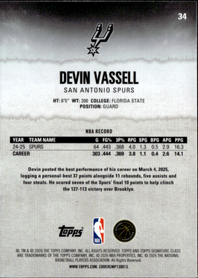 Devin Vassell Topps Signature Class   34 NM Numbered 156/1751