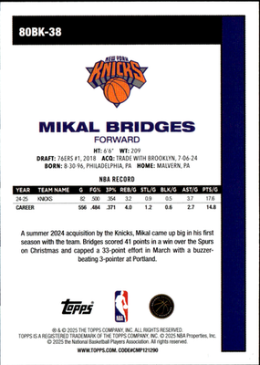 Mikal Bridges 1980 81 Topps Basketball Platinum Holo Foil Topps    80BK 38 NM1