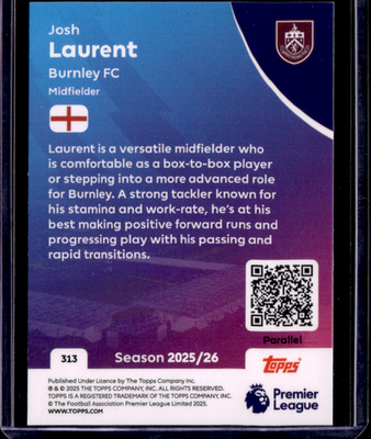 Josh Laurent Aqua Sparkles Topps Premier League   Aqua Sparkles 313 NM1