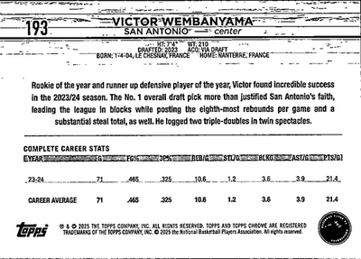 Victor Wembanyama Magenta Refractor Topps Chrome   Magenta Refractor 193 NM1