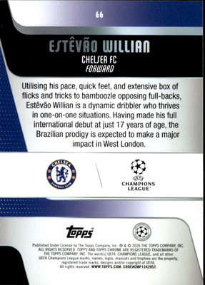 Estêvão Willian Base Topps Chrome UEFA Club Competitions 66 NM1