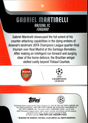 Gabriel Martinelli Base Topps Chrome UEFA Club Competitions 19 NM1