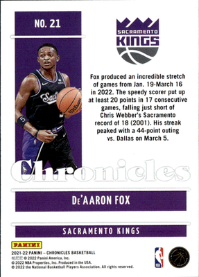 De'Aaron Fox Asia Panini Chronicles   Asia 21 NM1