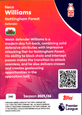 Neco Williams Base Topps Premier League 240 NM1