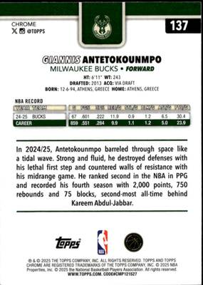 Giannis Antetokounmpo Base Topps Chrome 137 LP1