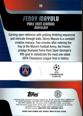 Senny Mayulu Base Topps Chrome UEFA Club Competitions 22 NM1