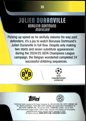 Julien Duranville Base Topps Chrome UEFA Club Competitions 25 NM1