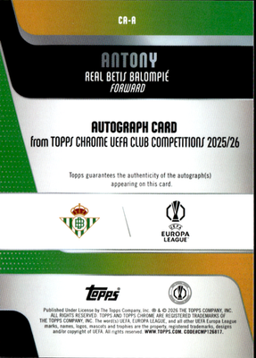 Antony Chrome Autographs Topps Chrome UEFA Club Competitions   CA A NM1
