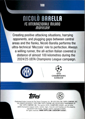 Nicolò Barella Base Topps Chrome UEFA Club Competitions 108 NM1