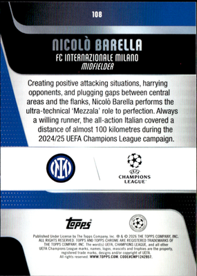 Nicolò Barella Geometric Refractor Topps Chrome UEFA Club Competitions  108 NM1