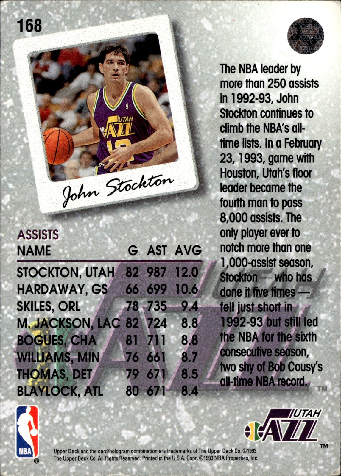 John Stockton Base Upper Deck 168 NM1