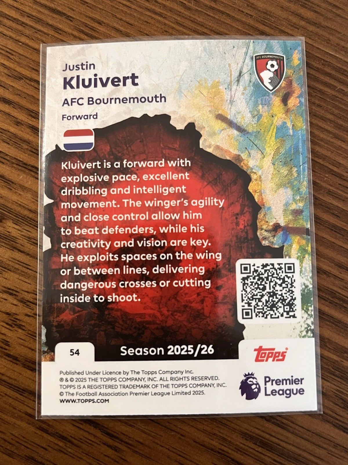 Justin Kluivert Tekkers Insert #54 Topps Premier League 2025/26 AFC Bournemouth2