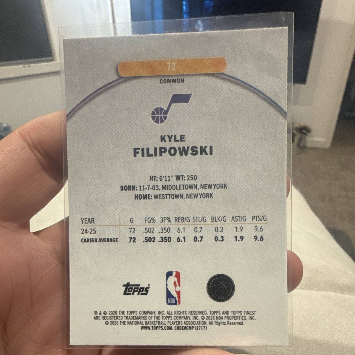 Topps 2026 Finest Kyle Filipowski Hologram Utah Jazz 72 NBA Card1