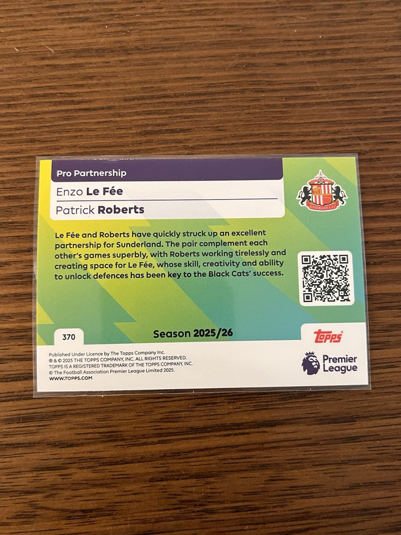 Topps Premier League Pro Partnership Enzo Le Fée Patrick Roberts Sunderland 3702