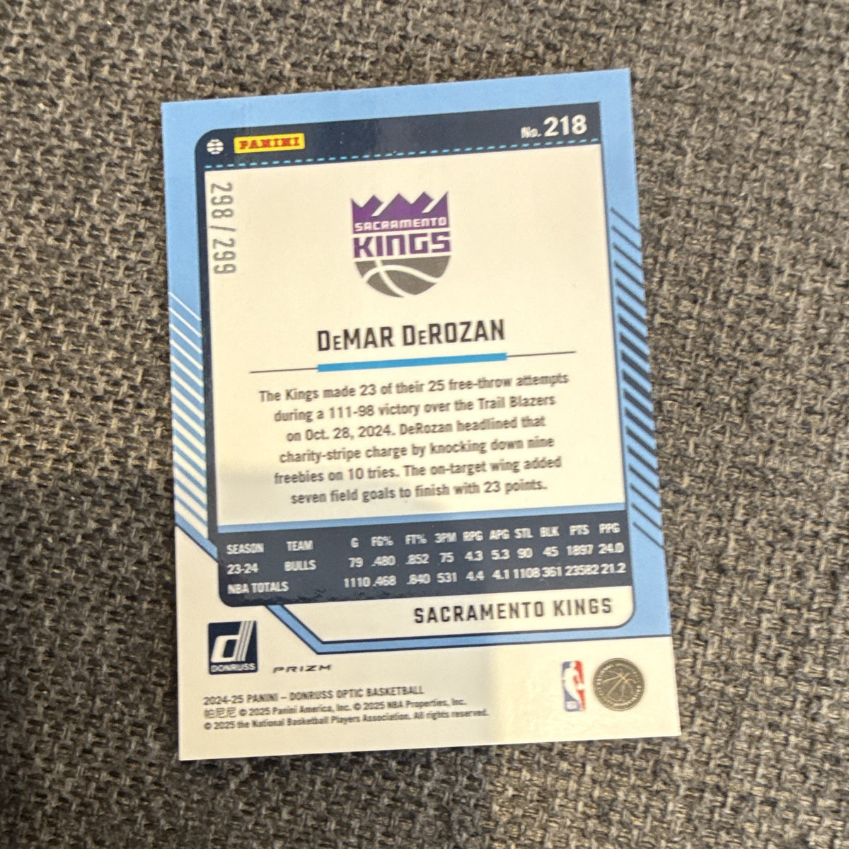 Panini Donruss Optic DeMar DeRozan Sacramento Kings #218 Parallel 298/2992