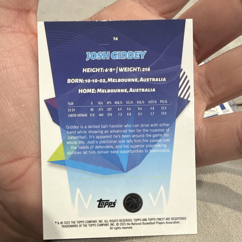 Topps Finest 2023 24 Josh Giddey #16 Oklahoma City Thunder NBA Card1