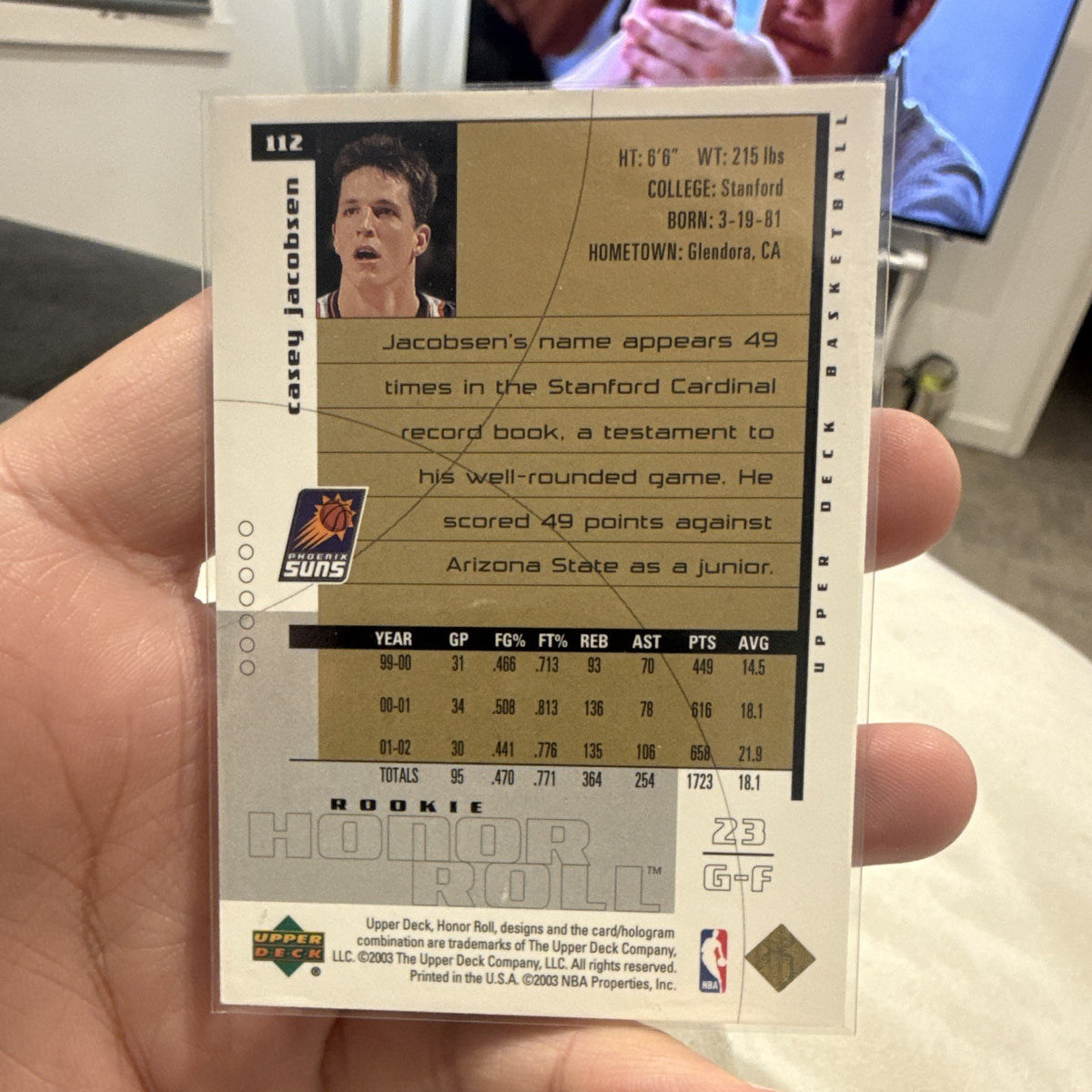 Upper Deck 2002 03 Honor Roll Rookie Honor Roll Casey Jacobsen #112 /1999 Suns1