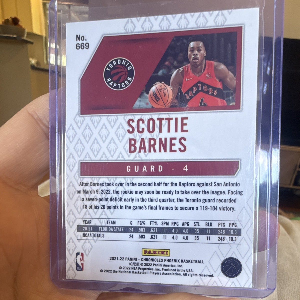 Panini 2021 22 Chronicles Phoenix Basketball Scottie Barnes Rookie 669 Raptors1