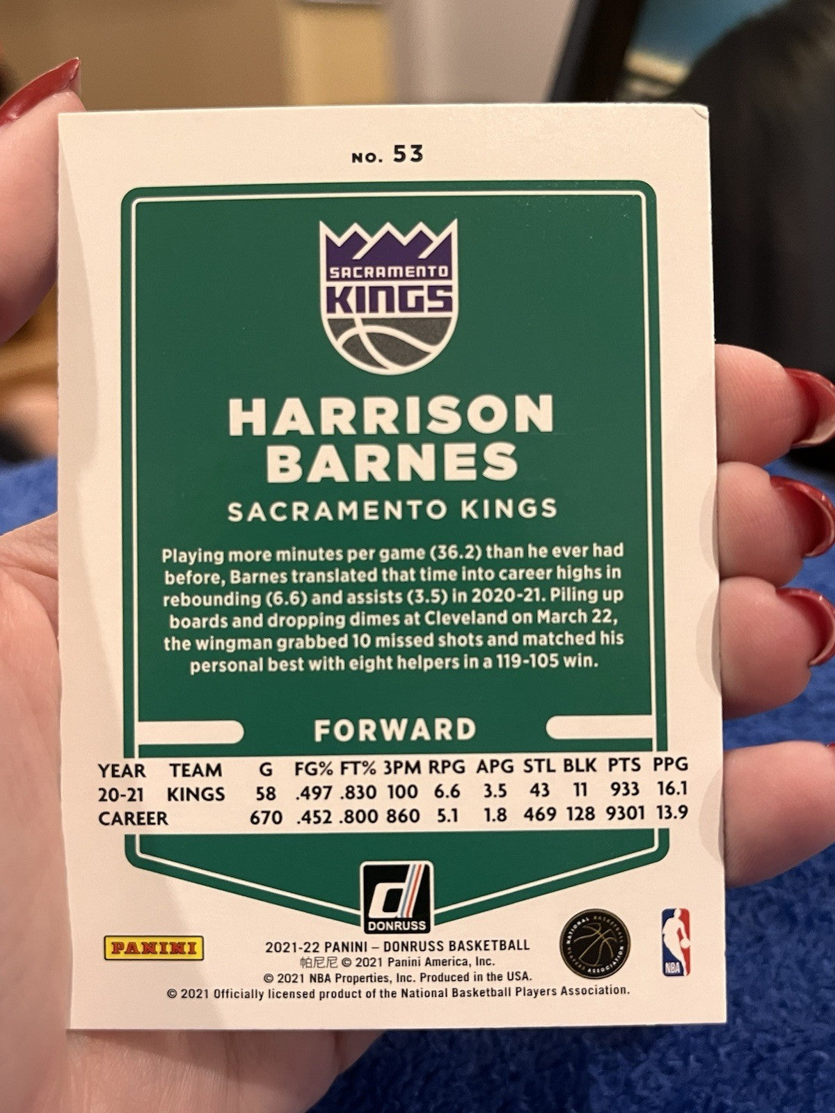 Panini Donruss Basketball 2021 22 Harrison Barnes Sacramento Kings #53 Parallel2