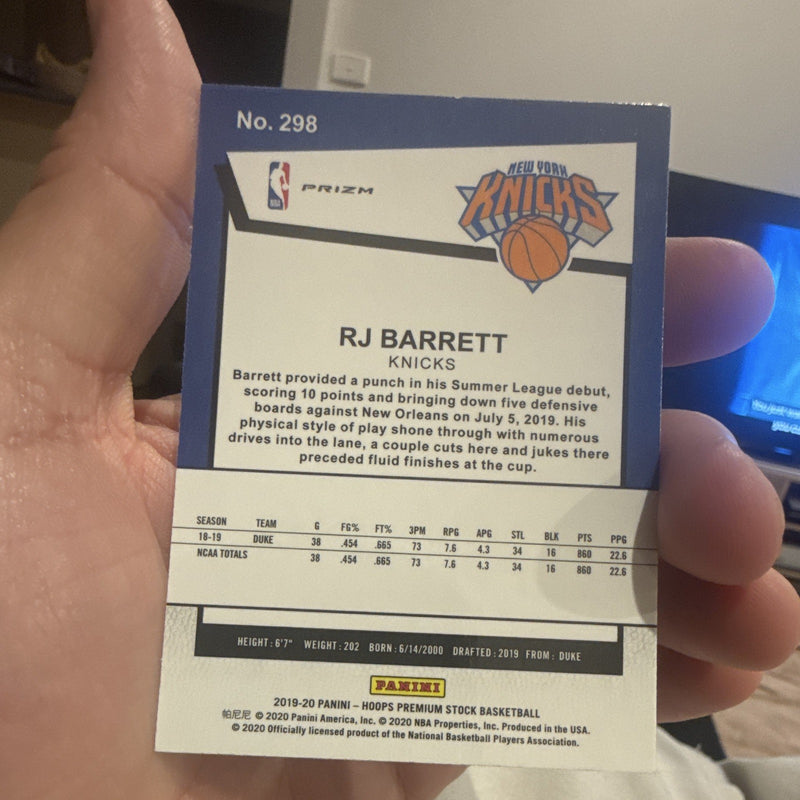 Panini 2019 20 NBA Hoops Premium Stock Tribute RJ Barrett Rookie #298 Knicks1