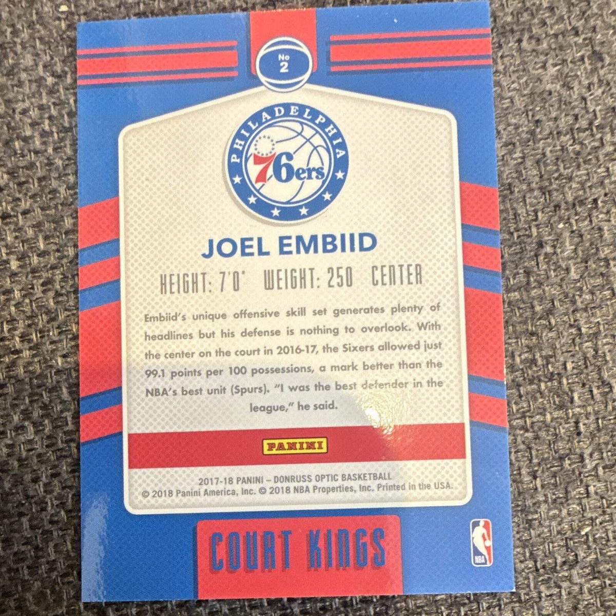 Panini Donruss Optic Court Kings Insert Joel Embiid #2 2017 18 76ers3
