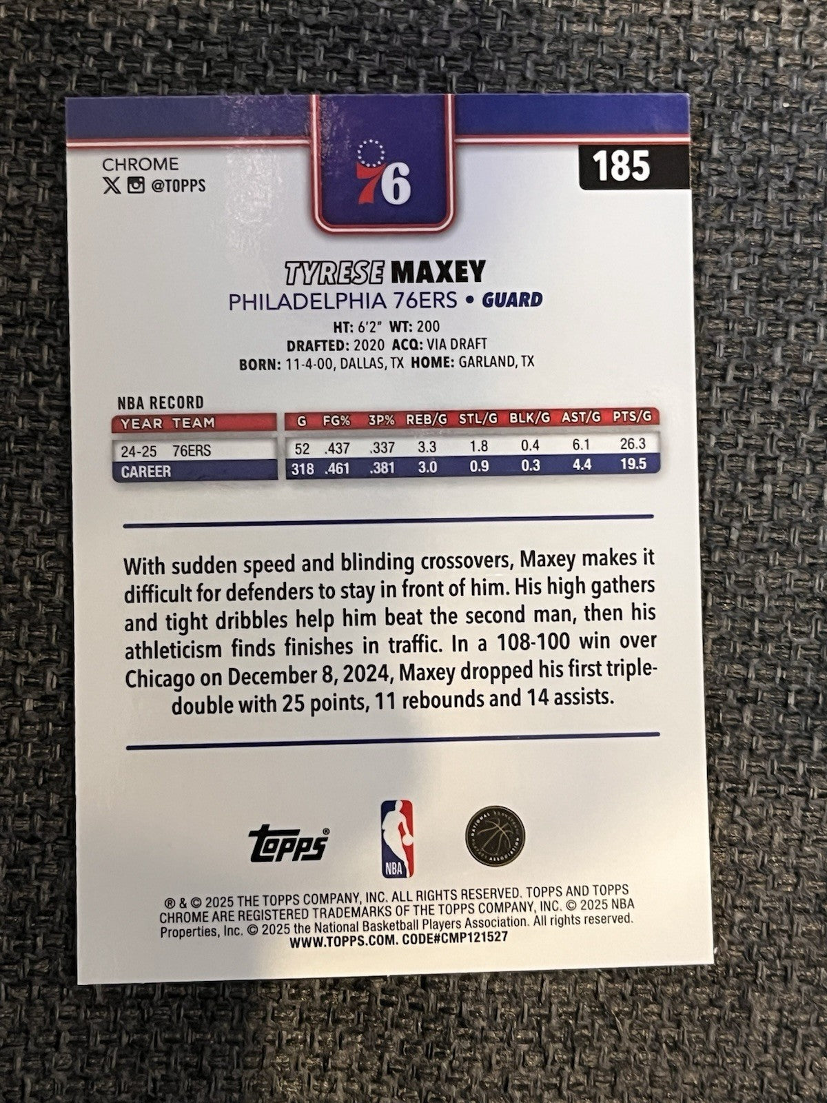Topps Chrome Tyrese Maxey Parallel/Variety Philadelphia 76ers 185 2024-252