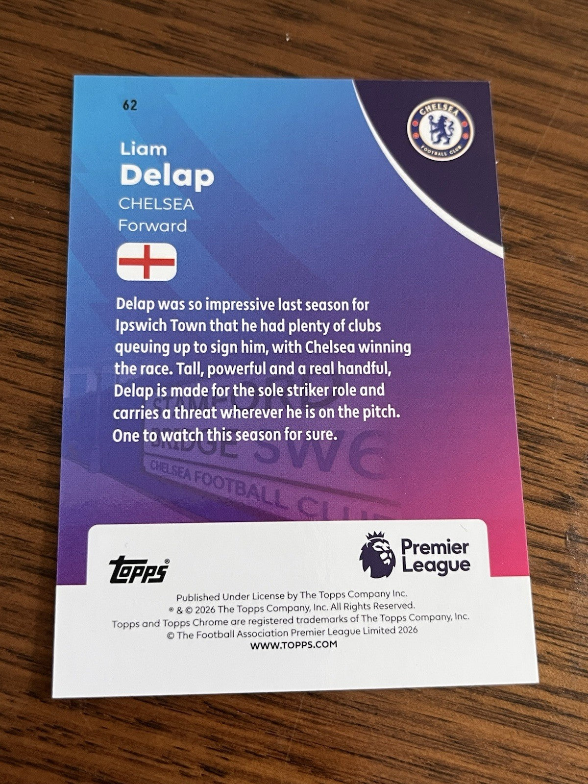 Topps Chrome Premier League Liam Delap Chelsea #62 2026 Chrome2