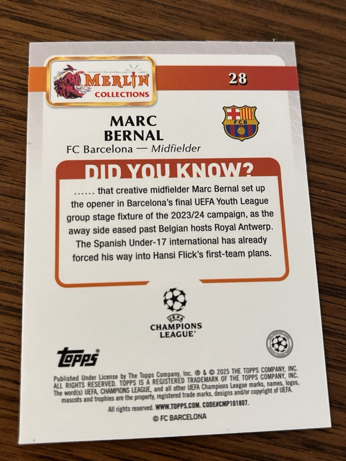 Marc Bernal Rookie RC Topps Merlin Collections UEFA Champions League #282