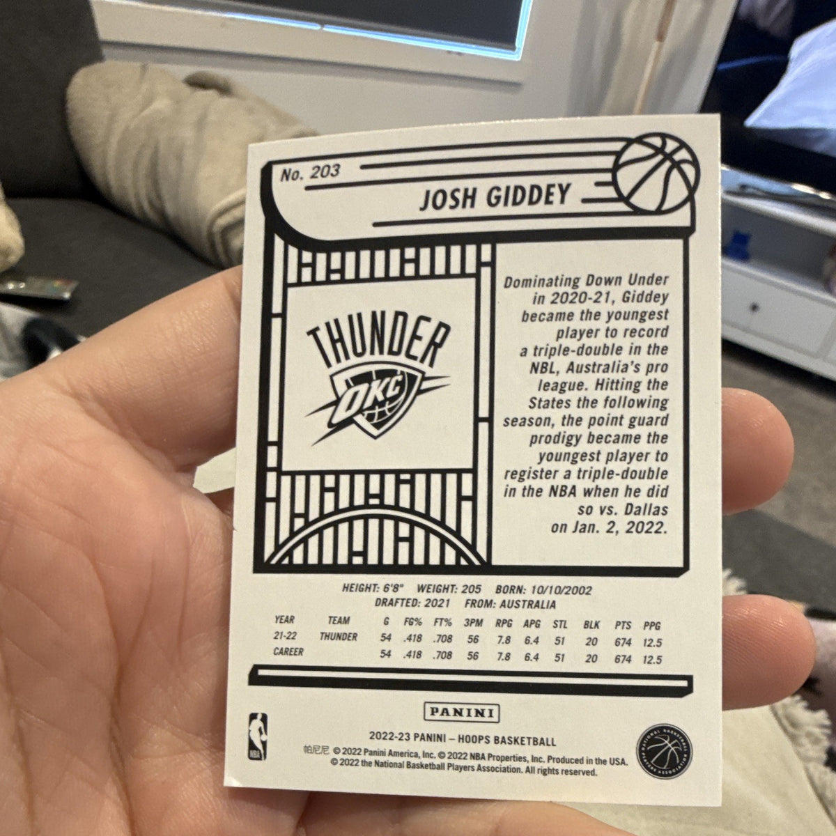 Panini 2022 23 NBA Hoops Josh Giddey Base Set #203 Oklahoma City Thunder1