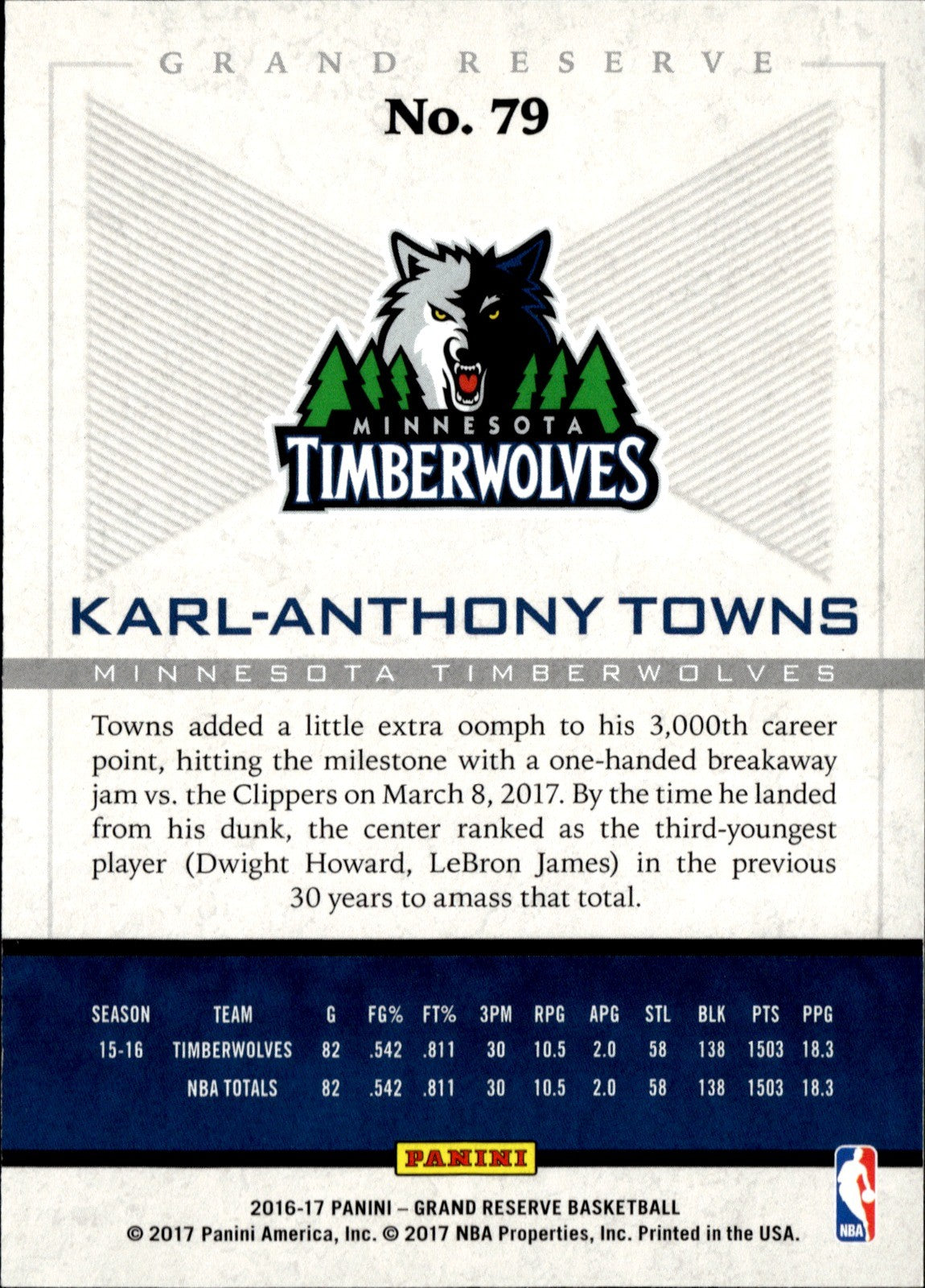 Karl Anthony Towns Base Panini Grand Reserve 79 NM1