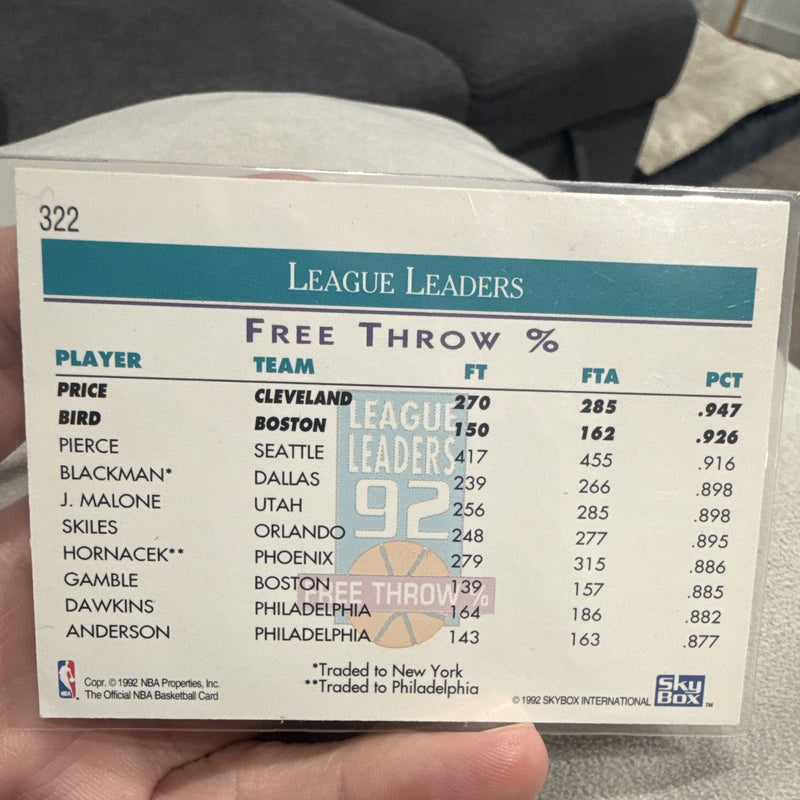 SkyBox NBA Hoops 1992 League Leaders 92 Free Throw % #322 Price Bird Insert1