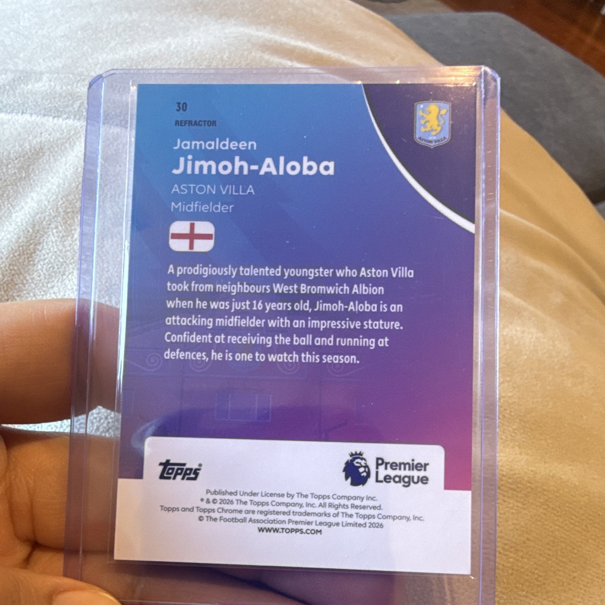 Topps Chrome Premier League Rookie Refractor Jamaldeen Jimoh Aloba #30 AVFC1