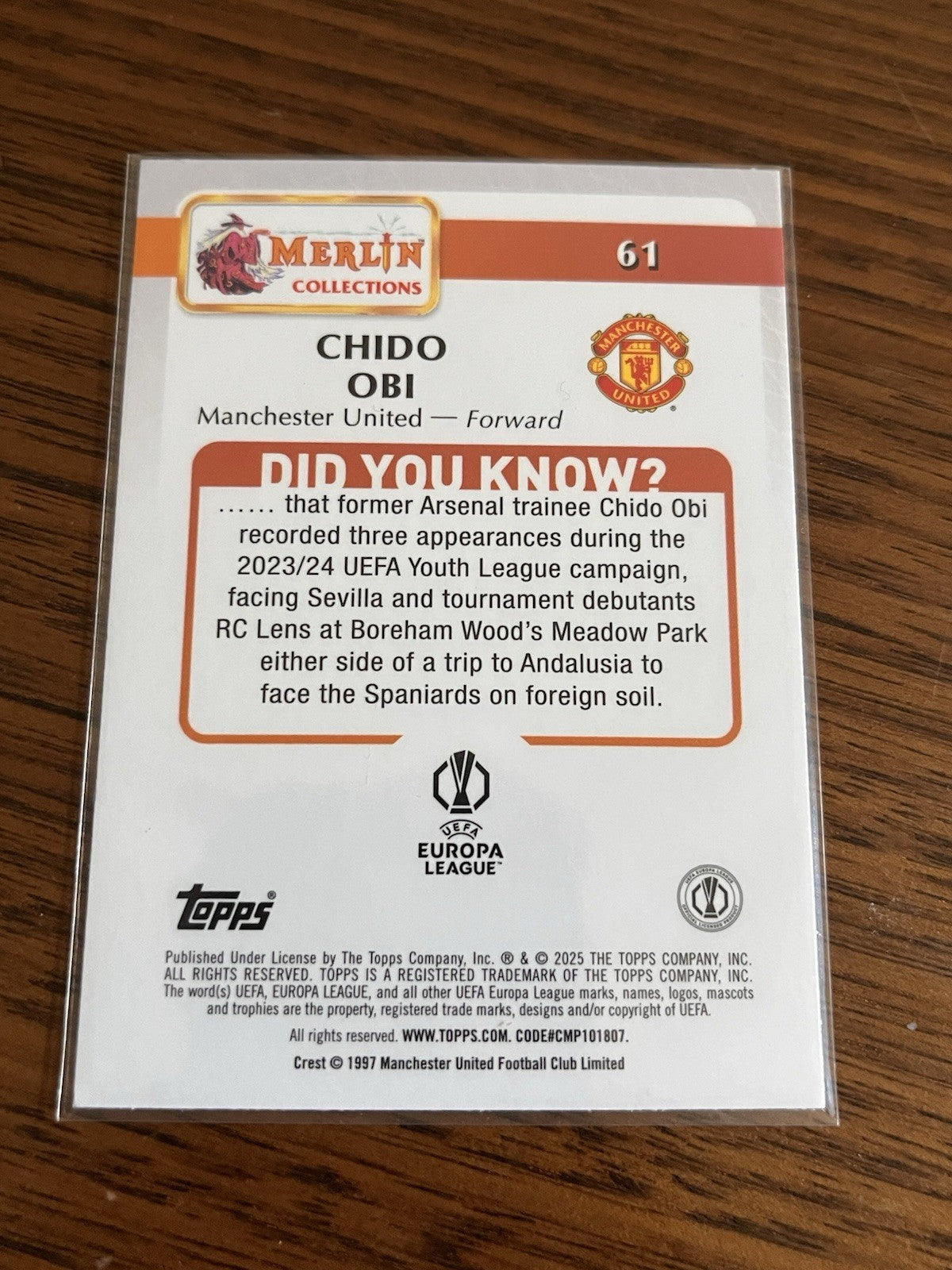 Topps Merlin Collections Chido Obi RC Manchester United UEFA Europa League #612