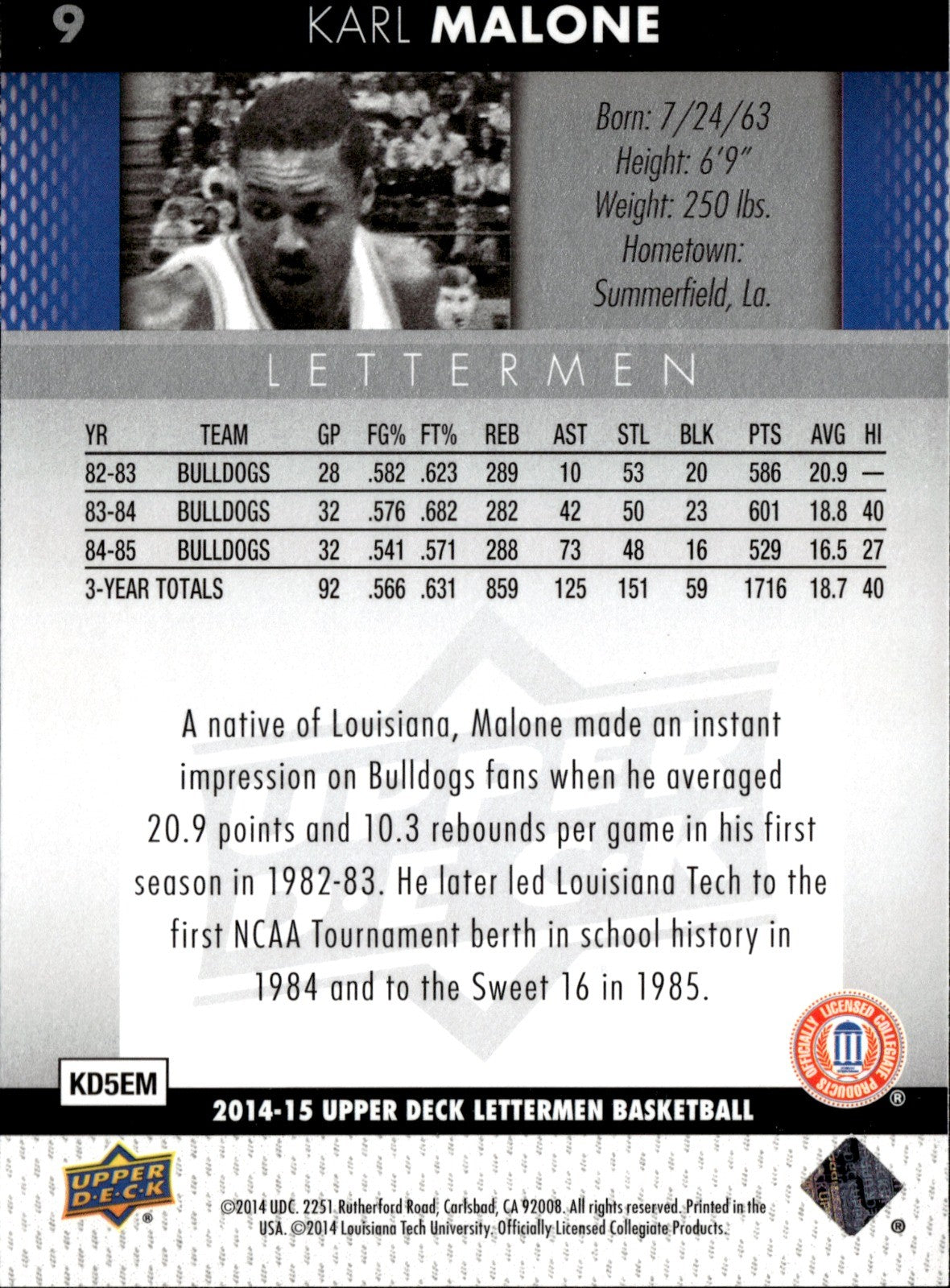 Karl Malone Base Upper Deck Lettermen 9 NM1