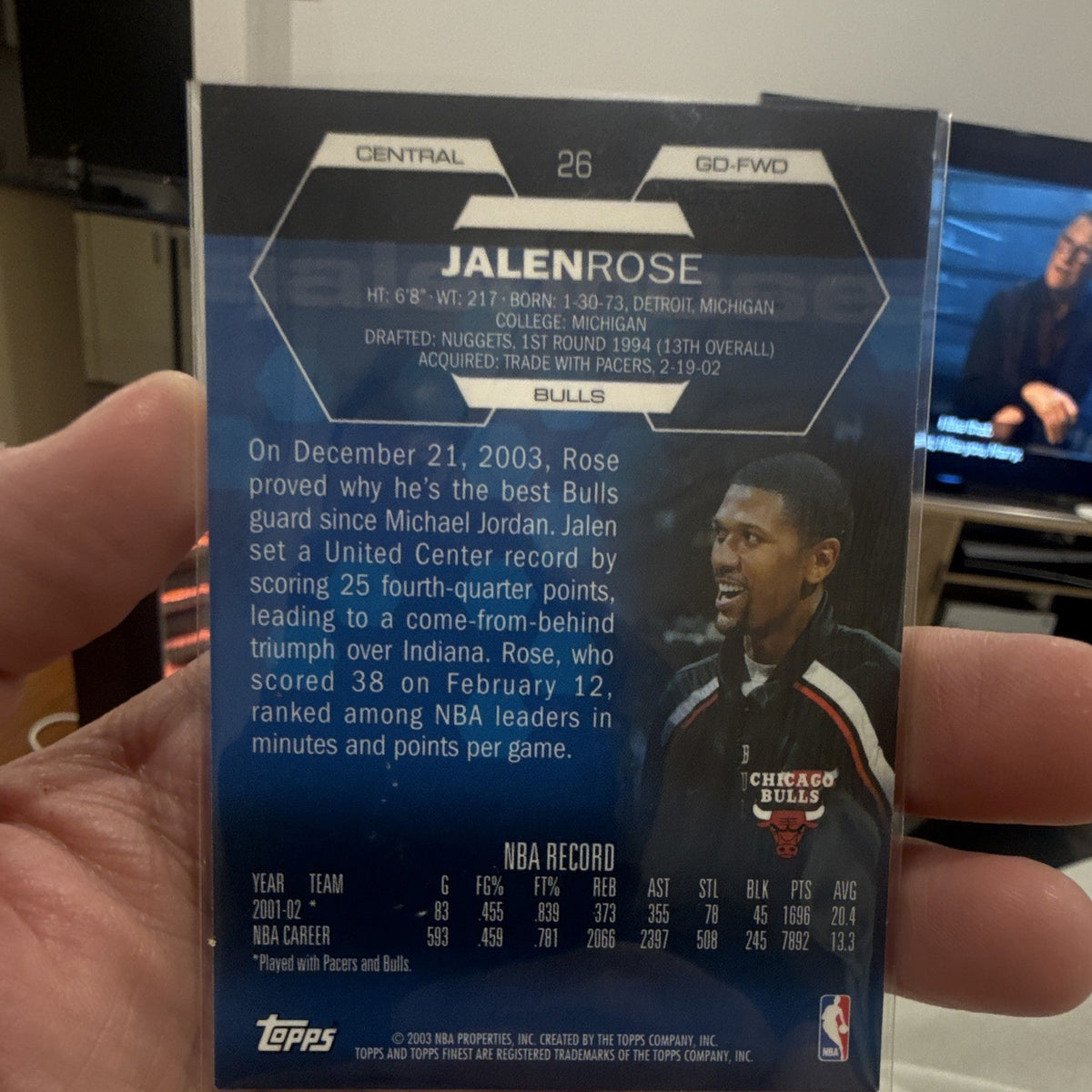 Topps Finest Jalen Rose Chicago Bulls 2001 02 #26 Basketball Trading Card1