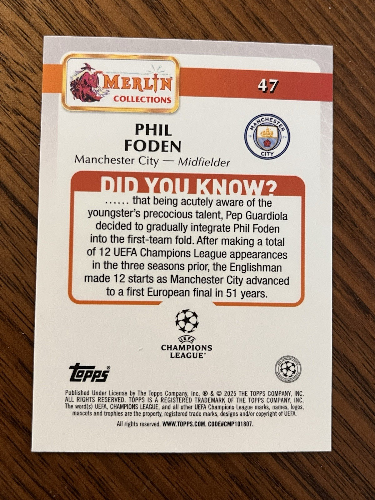 Topps Merlin UEFA Champions League Phil Foden Manchester City #47 20252