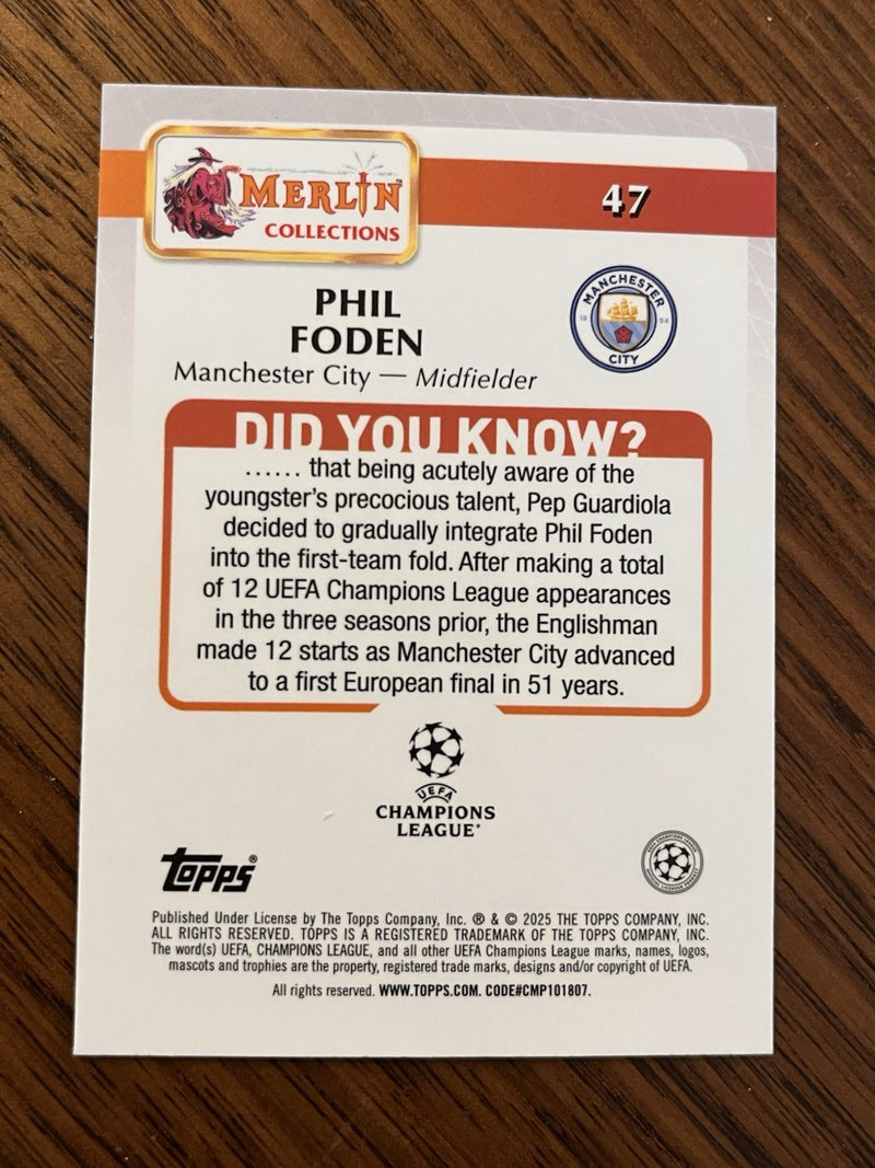Topps Merlin UEFA Champions League Phil Foden Manchester City #47 20252
