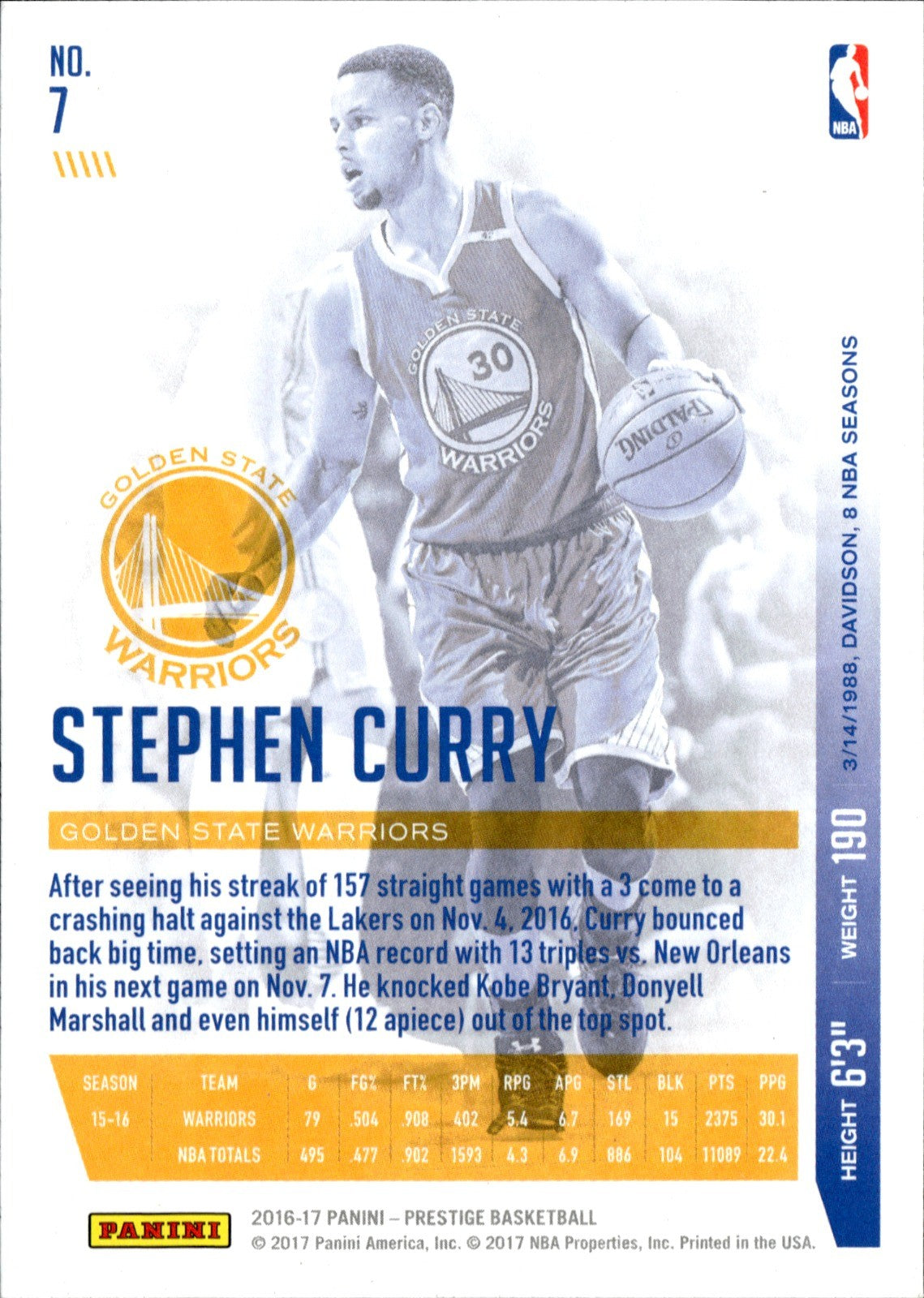 Stephen Curry Base Panini Prestige 7 NM1
