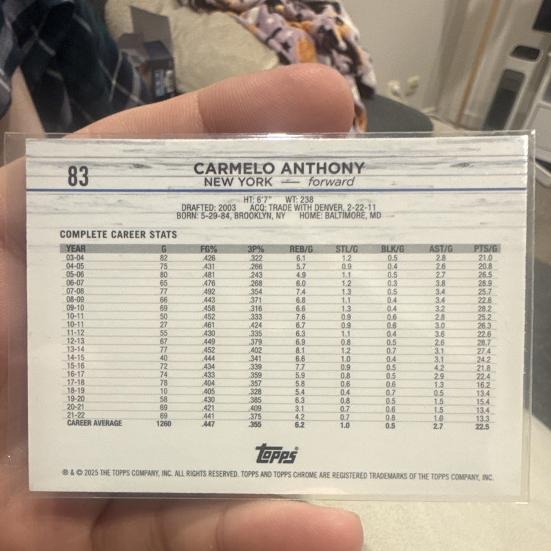Topps Carmelo Anthony Base Set Topps Chrome New York Knicks 83 20251