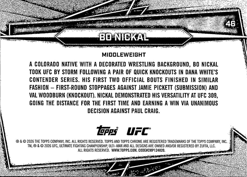 Bo Nickal Base 46 Topps Chrome UFC NM1