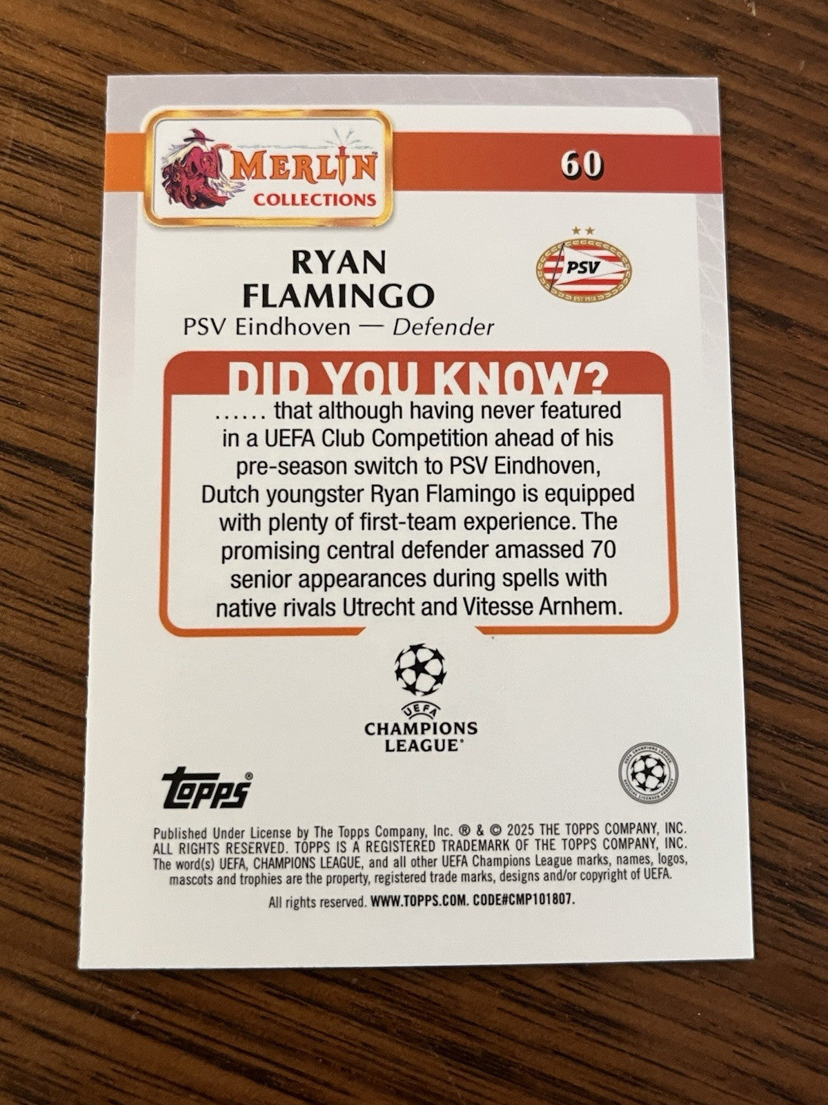 Topps Merlin Collections UEFA Champions League Ryan Flamingo RC #60 PSV 20252