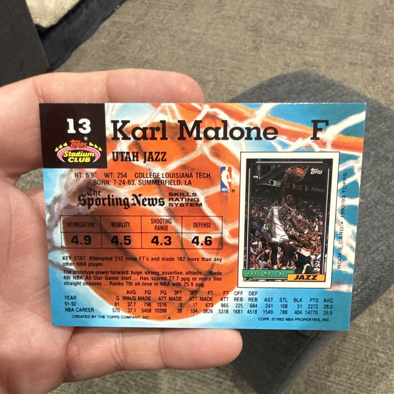 Topps Stadium Club 1992 Karl Malone Utah Jazz #13 Rookie Basketball Card1