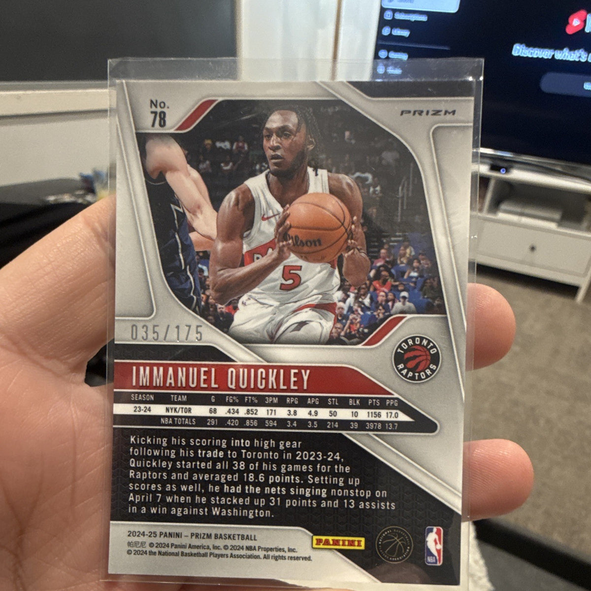 Panini Prizm 2024 25 Immanuel Quickley Raptors #78 035/175 Parallel1